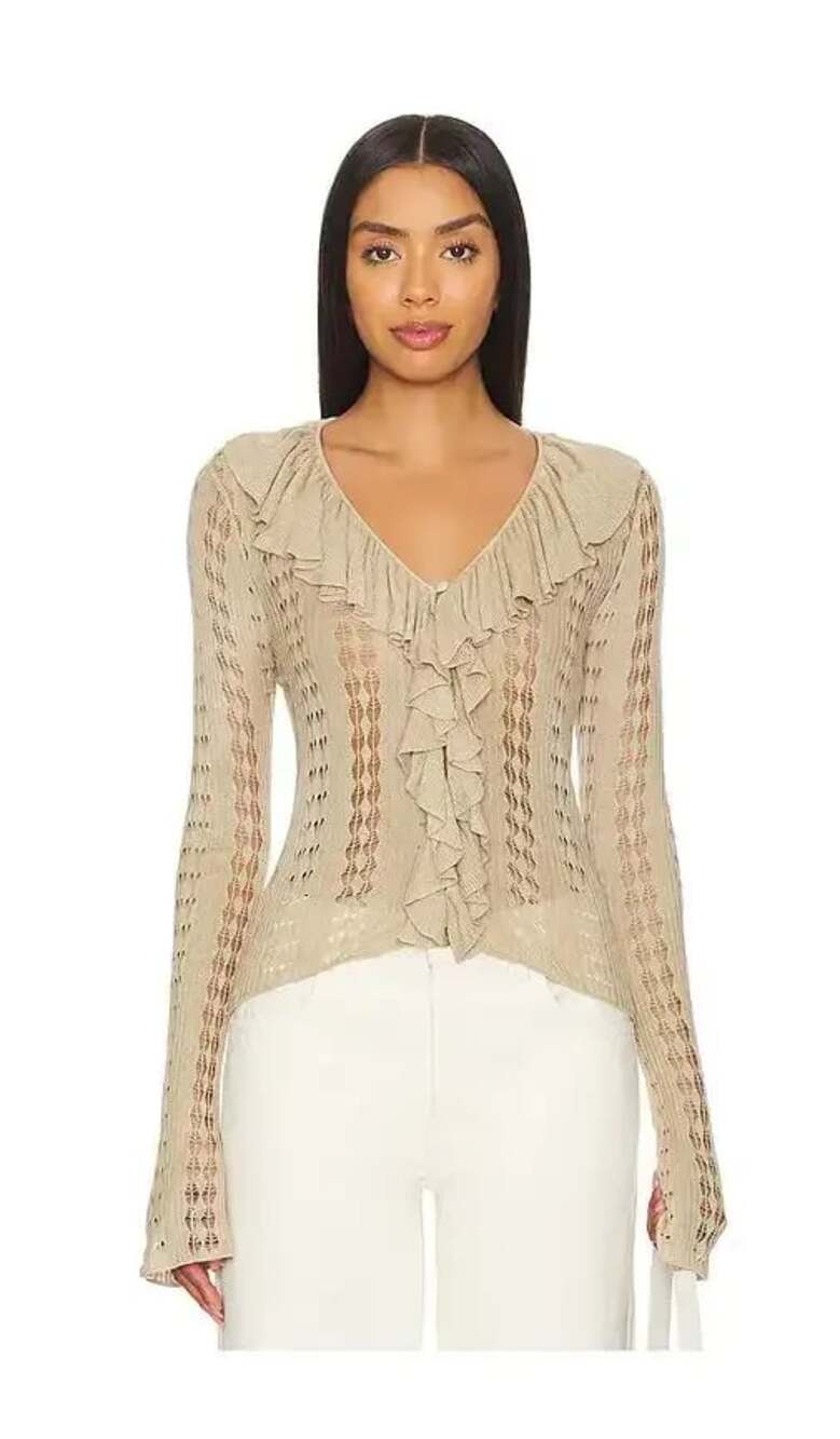WeWoreWhat Ruffle Detail Knit Long Sleeve Cardigan in Safari